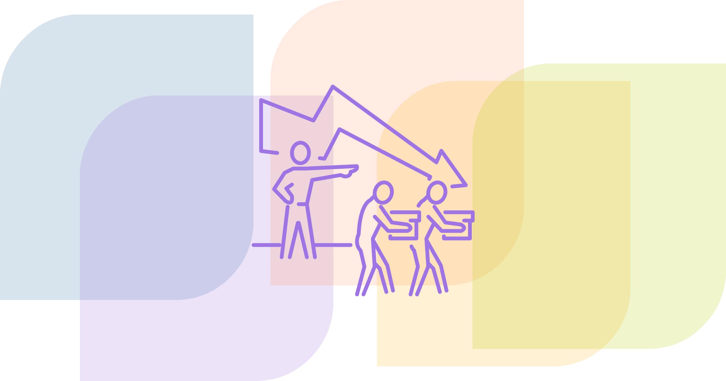 Purple icon of downwards arrow and people moving boxes,, on a colourful background.