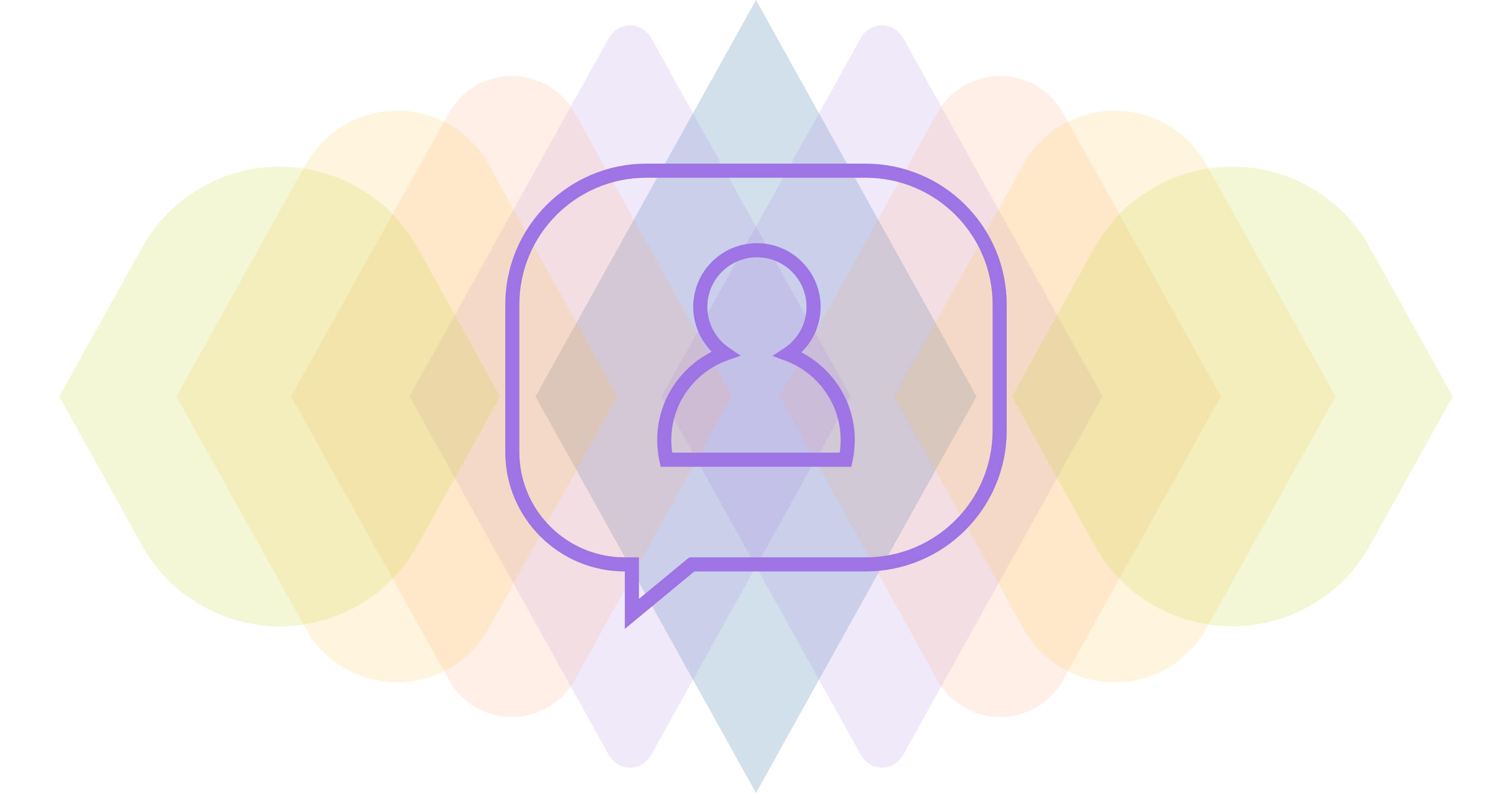 A purple icon of an avatar in a speech bubble, with a colourful background.