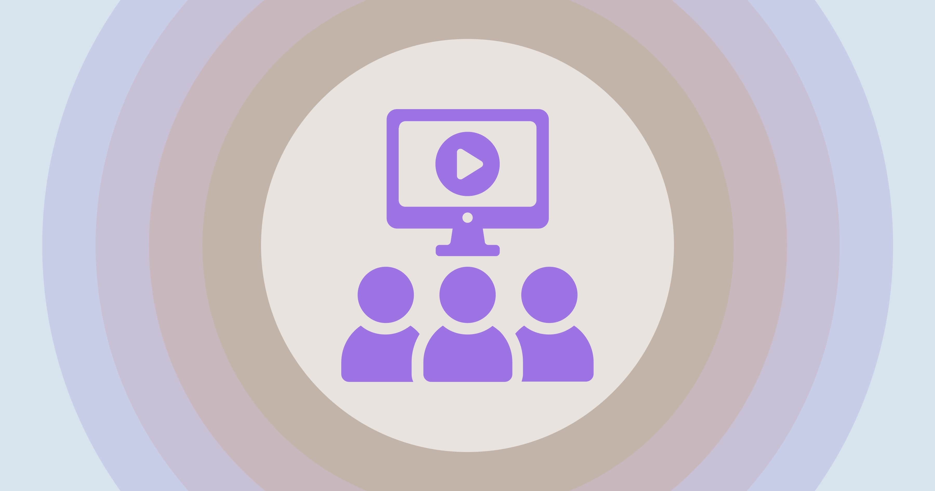 A purple icon of avatars in from of a presentation, with colourful background.